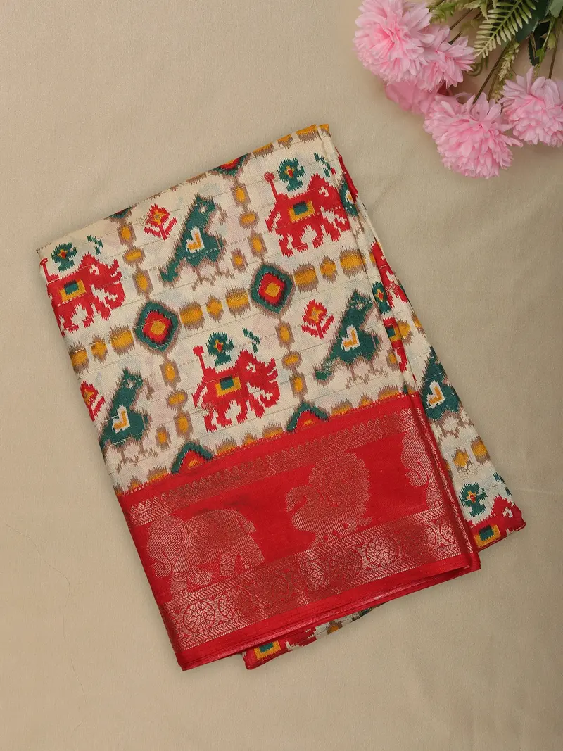 Vibrant Red Geometric Ikat-Inspired Design Mixed Cotton Saree With Ornamental Zari Woven Border 1
