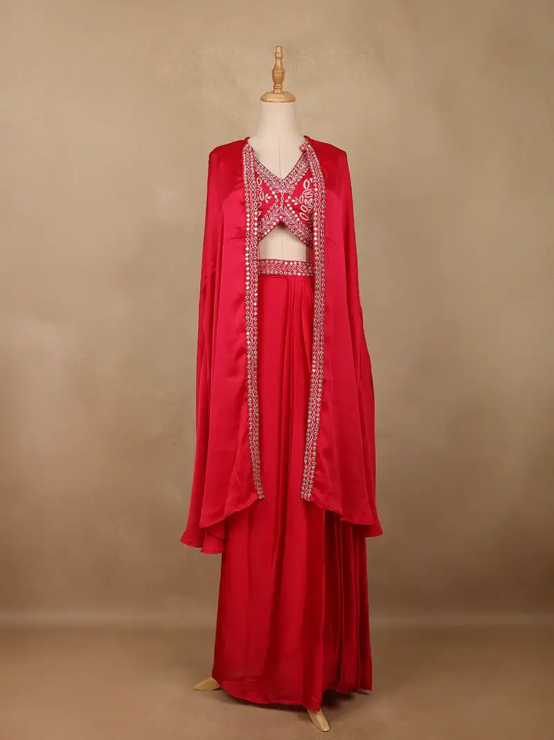 Vibrant Red Sequin Embellished Georgette Crop Top With Draped Skirt 1