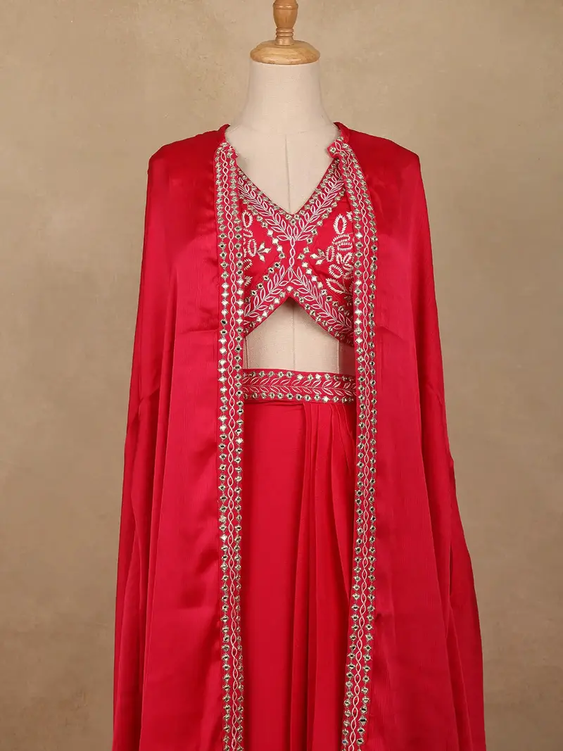 Vibrant Red Sequin Embellished Georgette Crop Top With Draped Skirt 2