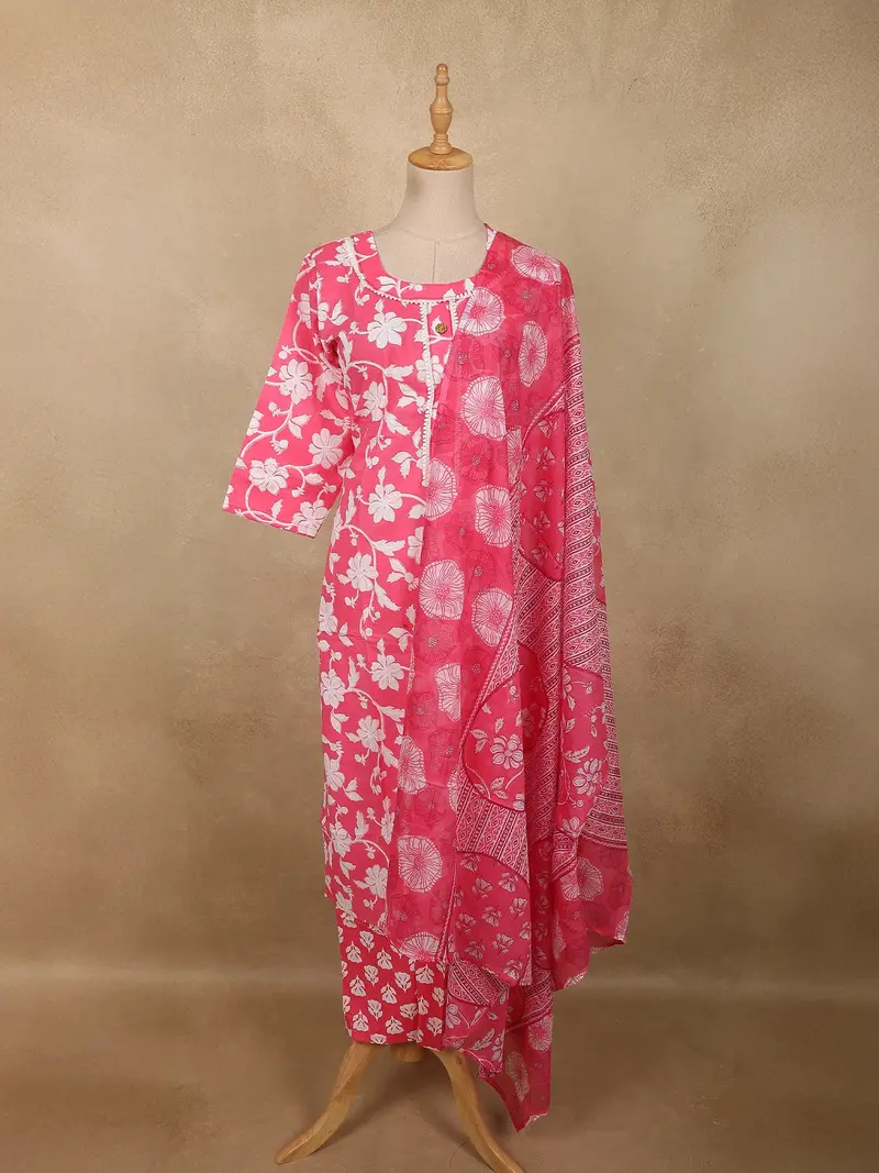 Vibrant Rose Pink Floral Printed Design Cotton Straight Cut Salwar Suit With Dupatta 1