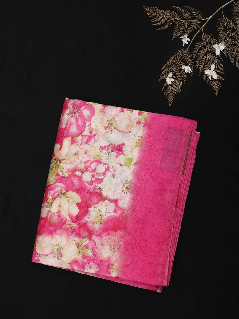 Vibrant Rose Pink Floral Woven Design Blended Cotton Saree 1