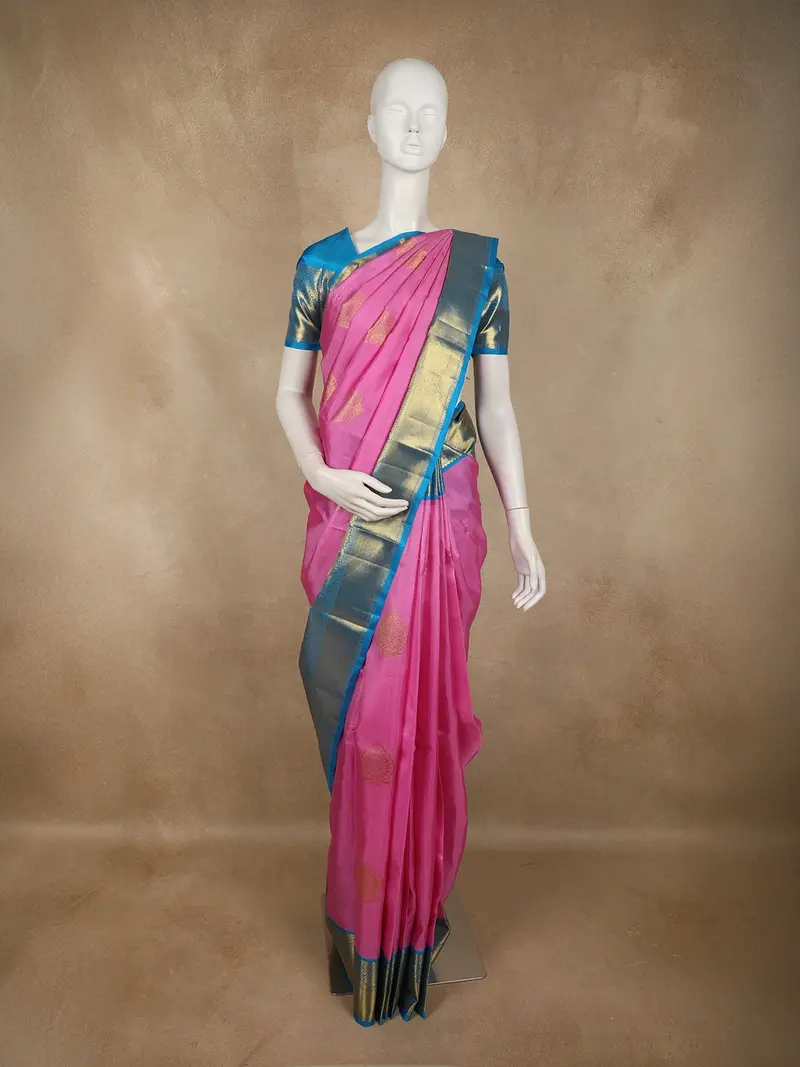 Vibrant Rose Pink Paisley Butta Woven Design Pure Kanchipuram Silk Saree With Contrast Border 1