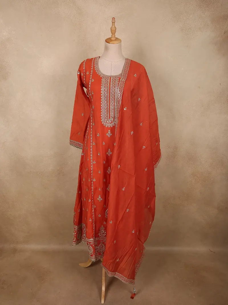 Vibrant Rusty Orange Floral Zari Embroidered Design Tissue Silk Salwar Suit With Dupatta 1