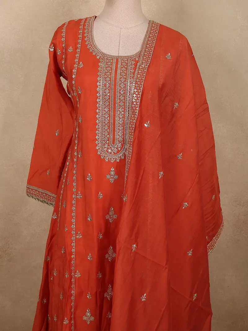Vibrant Rusty Orange Floral Zari Embroidered Design Tissue Silk Salwar Suit With Dupatta 2