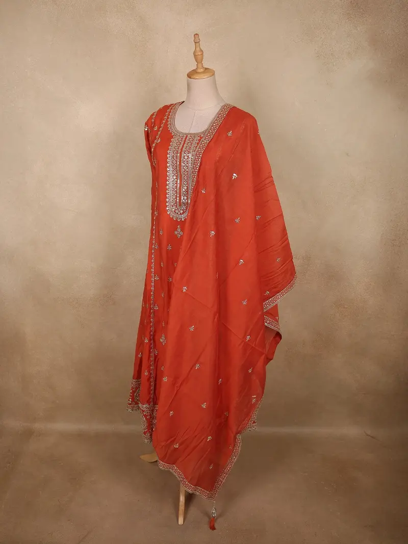 Vibrant Rusty Orange Floral Zari Embroidered Design Tissue Silk Salwar Suit With Dupatta 3