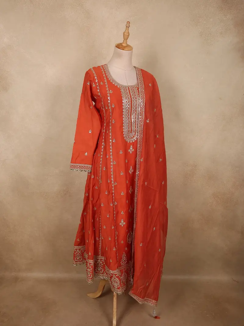 Vibrant Rusty Orange Floral Zari Embroidered Design Tissue Silk Salwar Suit With Dupatta 4