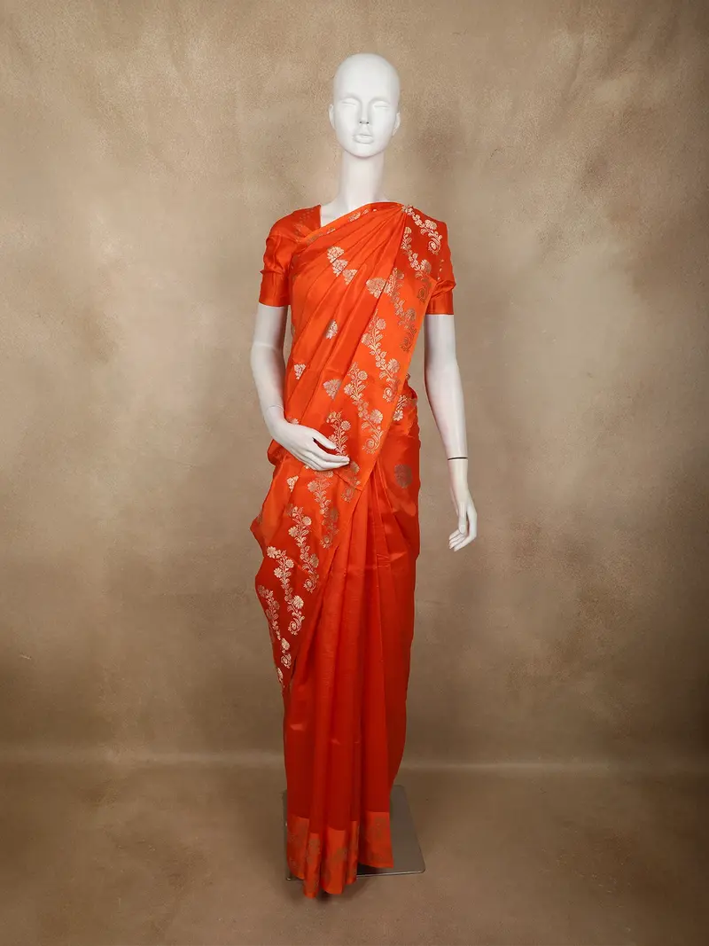 Vibrant Sunset Orange Floral Butta Zari Woven Design Pure Banarasi Silk Saree With Floral Zari Border 1