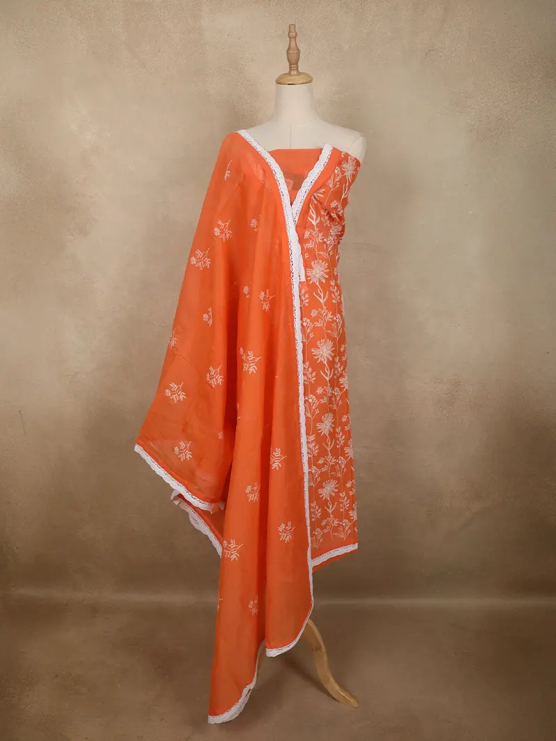 Vibrant Tangerine Orange Floral Thread Embroidered Design Cotton Unstitched Salwar Material 1