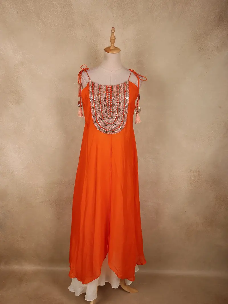 Vibrant Tangerine Orange Sequins And Beads Embroidered Design Satin Palazzo Suit 1