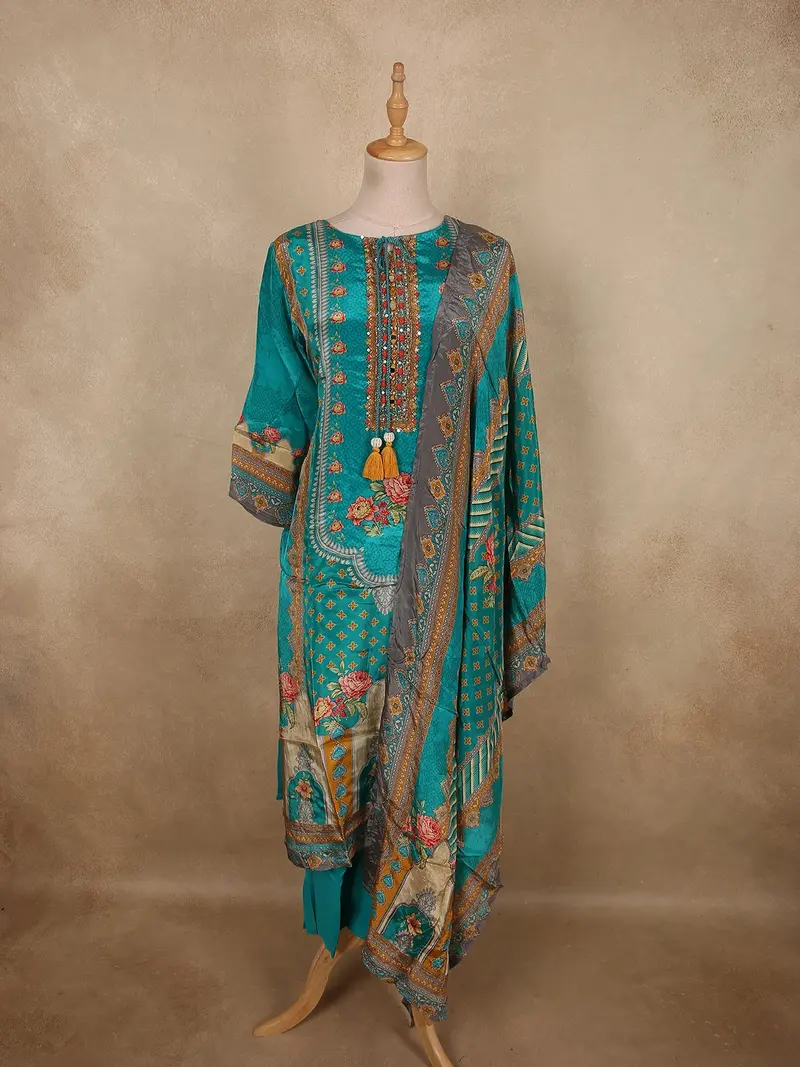 Vibrant Teal Blue Floral Printed Design Crepe Salwar Suit With Dupatta 1