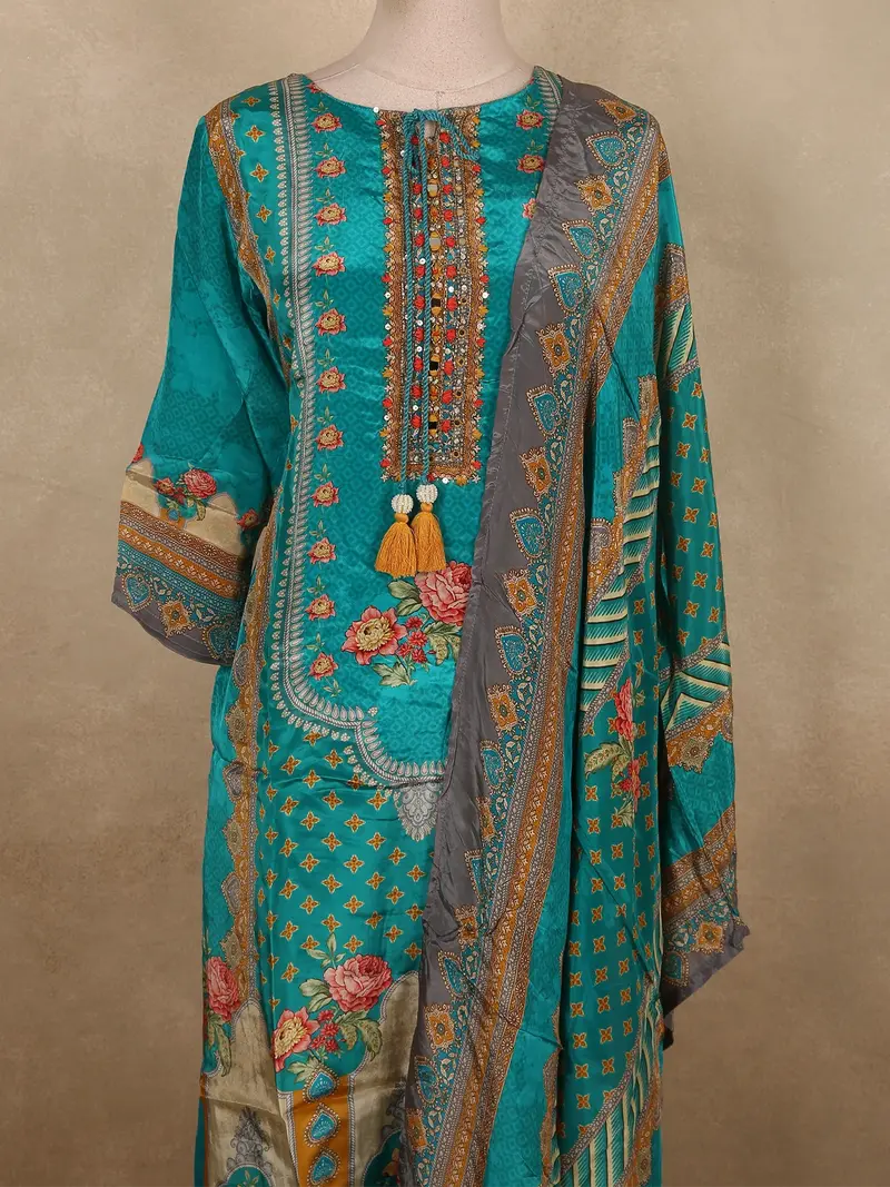 Vibrant Teal Blue Floral Printed Design Crepe Salwar Suit With Dupatta 2