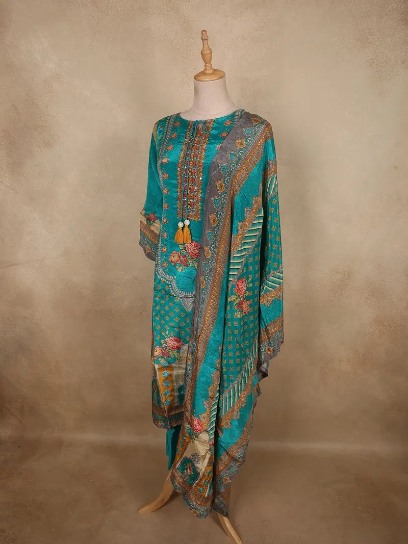Vibrant Teal Blue Floral Printed Design Crepe Salwar Suit With Dupatta 3