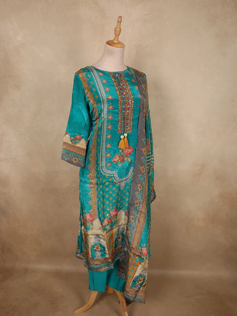 Vibrant Teal Blue Floral Printed Design Crepe Salwar Suit With Dupatta 4