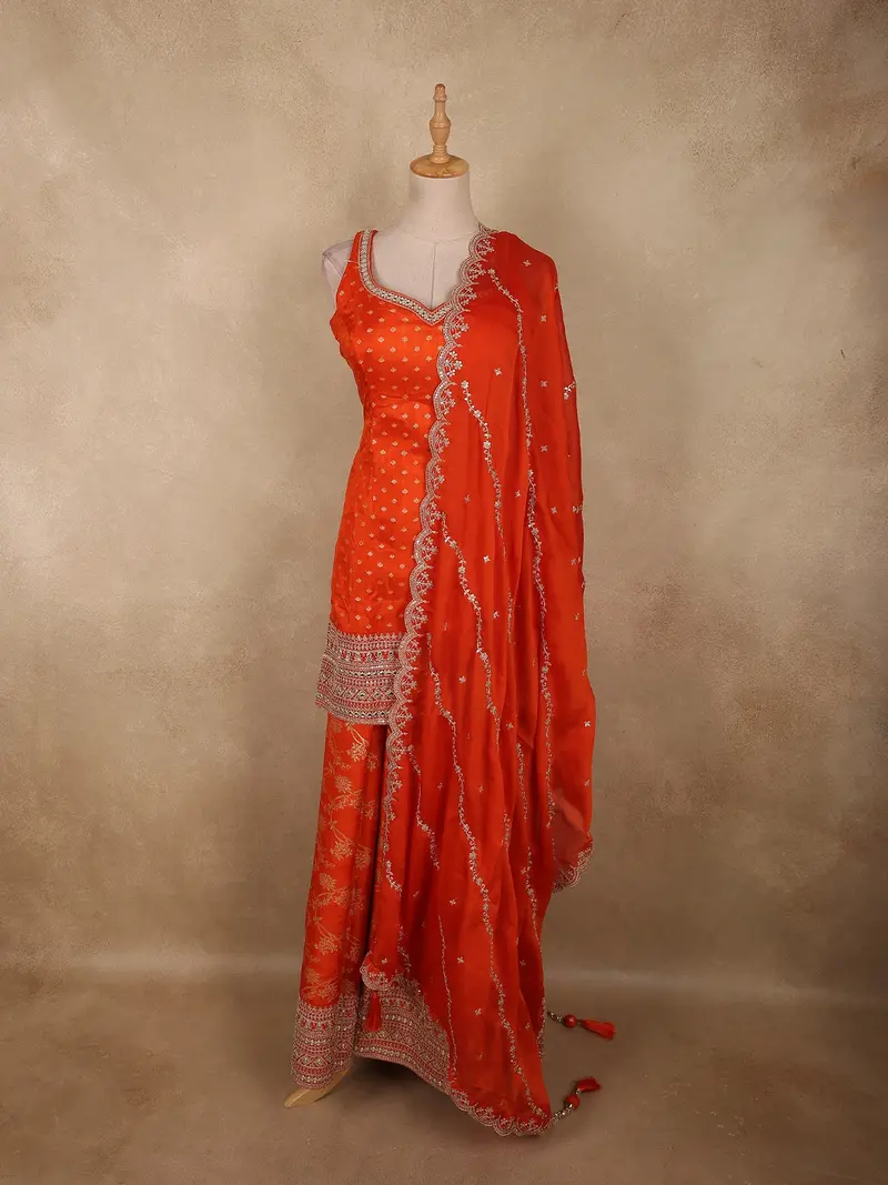 Vibrant Vermilion Orange Butta Zari Woven Design Banarasi Silk Palazzo Suit With Dupatta 1