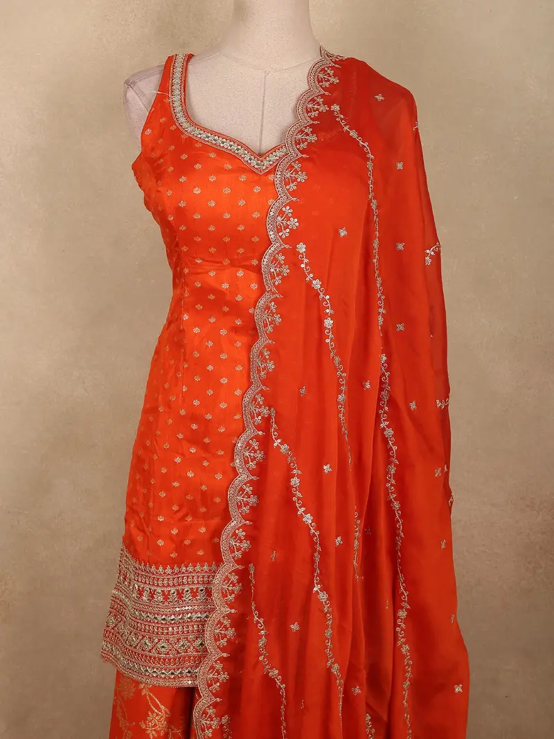 Vibrant Vermilion Orange Butta Zari Woven Design Banarasi Silk Palazzo Suit With Dupatta 2