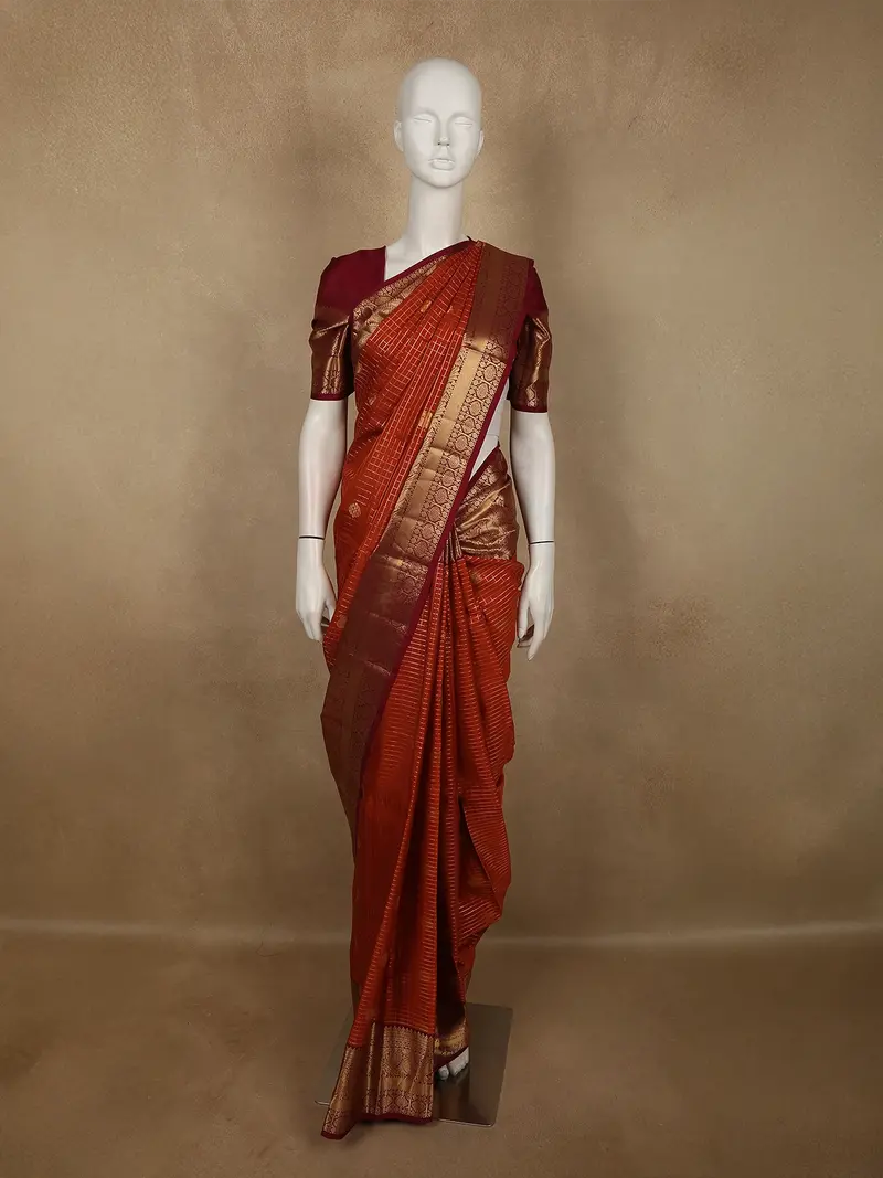 Vibrant Vermilion Orange Mini Checked And Butta Zari Woven Design Pure Kanchipuram Silk Saree With Contrast  Peacock Zari Border 1