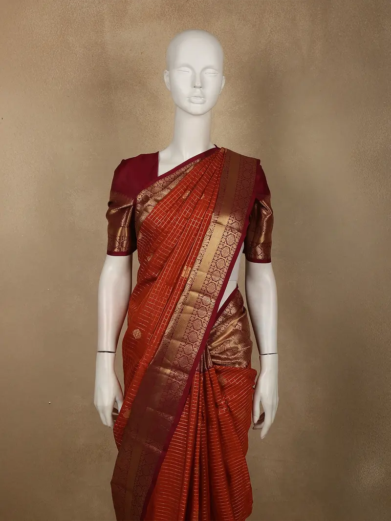 Vibrant Vermilion Orange Mini Checked And Butta Zari Woven Design Pure Kanchipuram Silk Saree With Contrast Peacock Zari Border 2