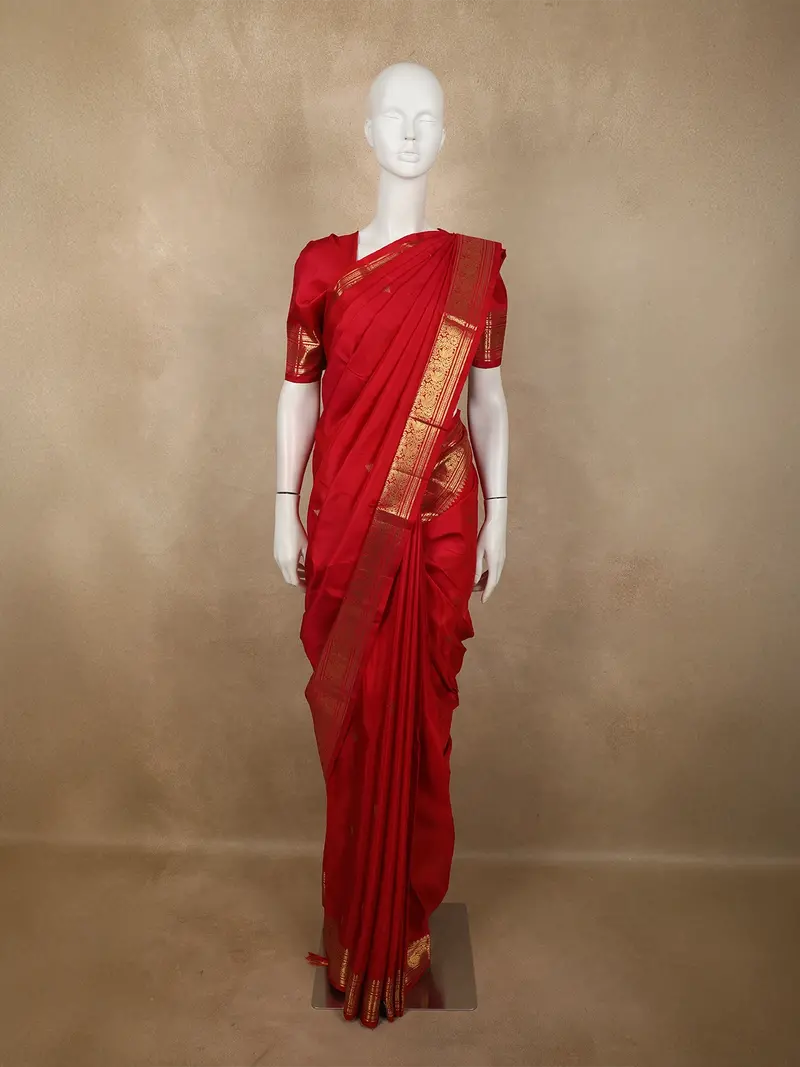 Vibrant Vermilion Red Butta Zari Woven Design Pure Kanchipuram Silk Saree With Peacock Zari Border 1