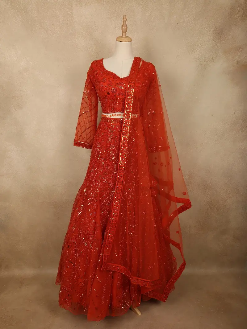Vibrant Vermilion Red Floral Sequins And Beads Embroidered Design Net Mermaid Lehenga With Dupatta 1