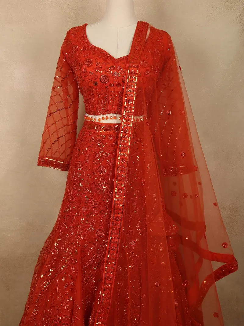 Vibrant Vermilion Red Floral Sequins And Beads Embroidered Design Net Mermaid Lehenga With Dupatta 2