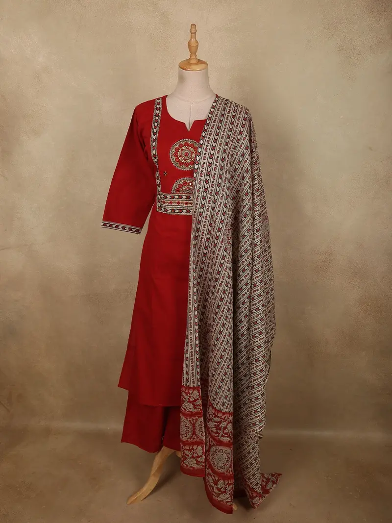 Vibrant Vermilion Red Geometric Printed Design Cotton Straight Cut Salwar With Contrast Dupatta 1