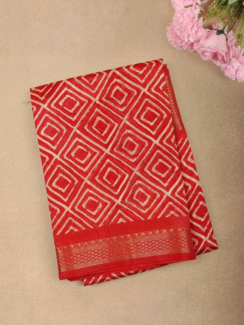 Vibrant Vermilion Red Geometric Printed Design Linen Cotton Saree With Contrast Border 1