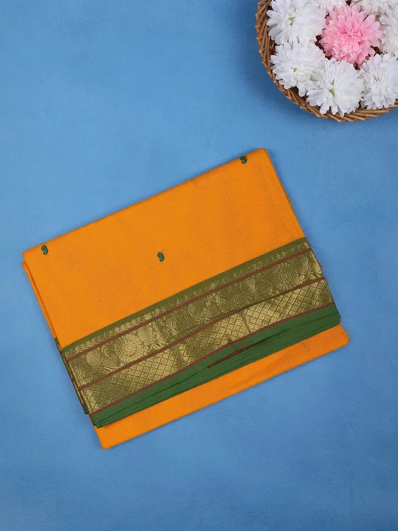 Vibrant Yellow Scattered Green Motifs Cotton Saree 1