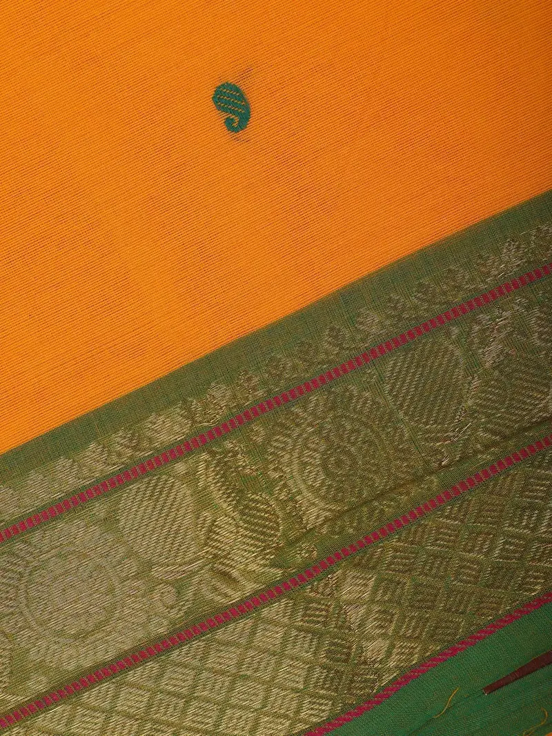 Vibrant Yellow Scattered Green Motifs Cotton Saree 2