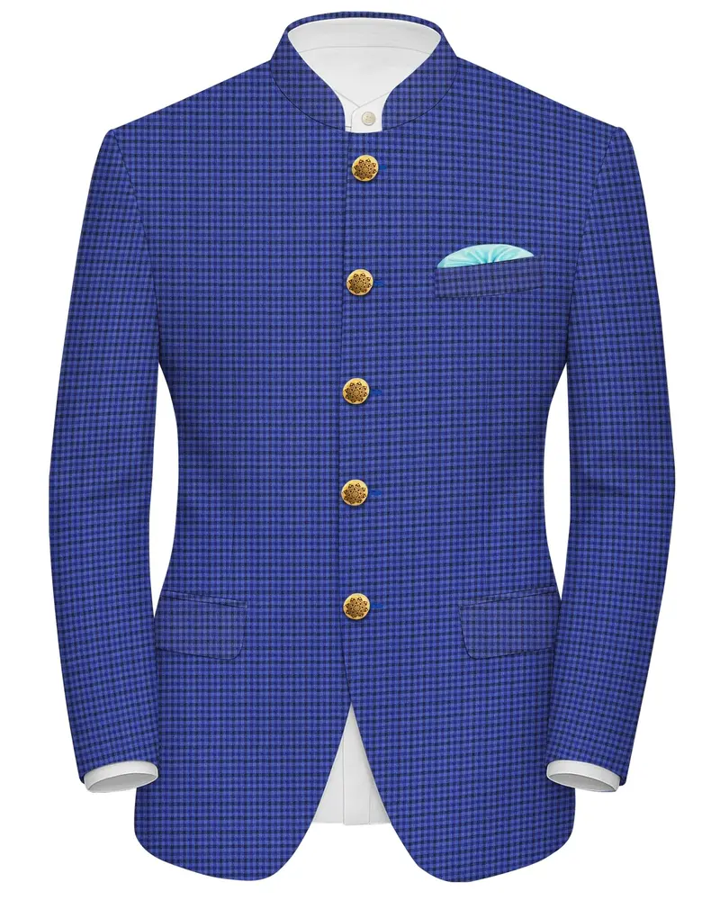 Victoria Blue Gingham Checkered Bandhgala Blazer 1