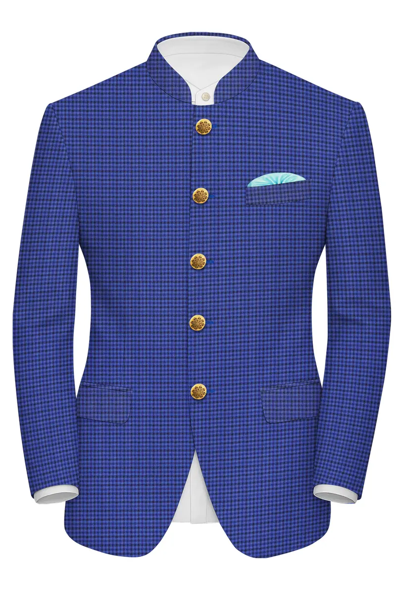 Victoria Blue Gingham Checkered Bandhgala Blazer 2