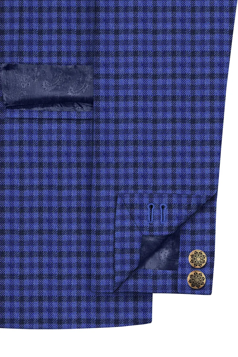 Victoria Blue Gingham Checkered Bandhgala Blazer 4