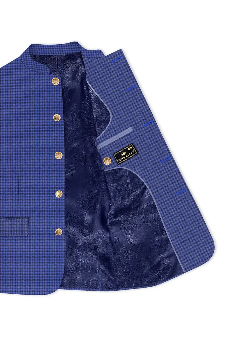 Victoria Blue Gingham Checkered Bandhgala Blazer 5