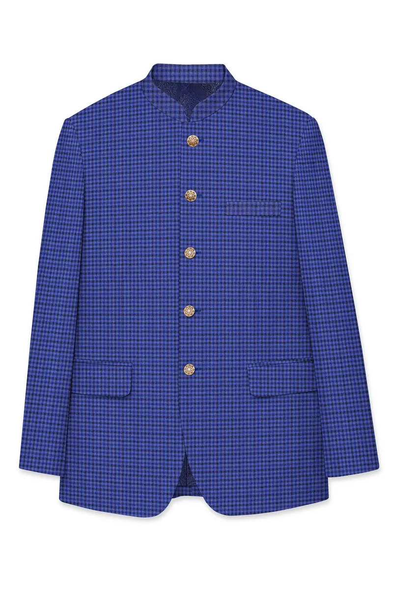 Victoria Blue Gingham Checkered Bandhgala Blazer 6