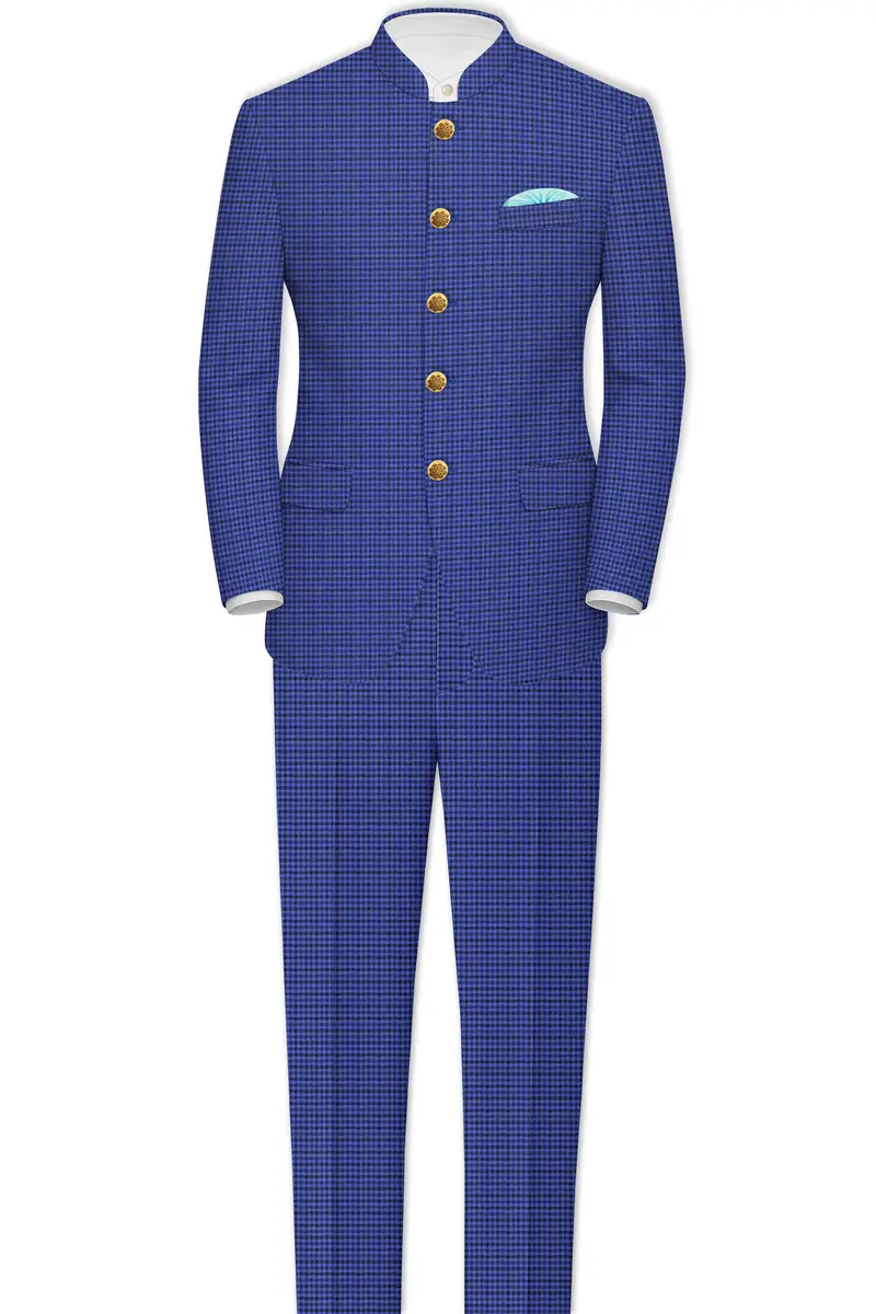 Victoria Blue Gingham Checkered Bandhgala Blazer 8