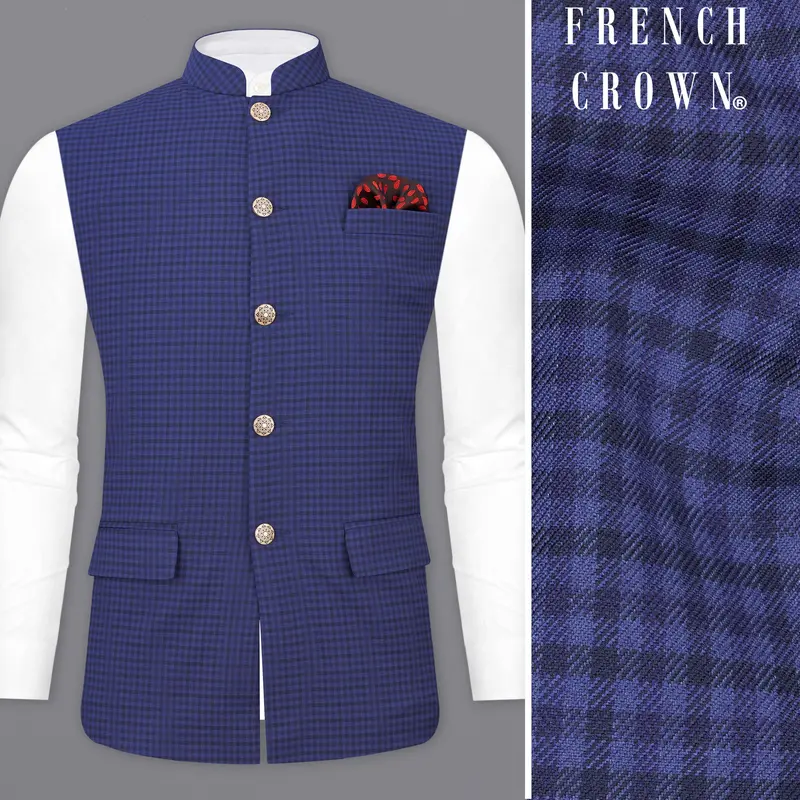 Victoria Blue Gingham Checkered Nehru Jacket 1