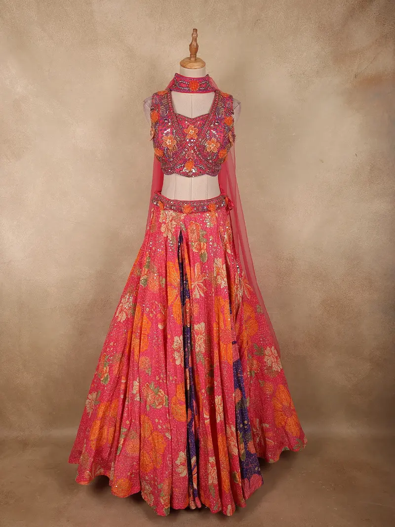 Vinbrant Rose Pink Floral Sequins And Beads Embroidered Design Sequins Bridesmaid Lehenga With Dupatta 1