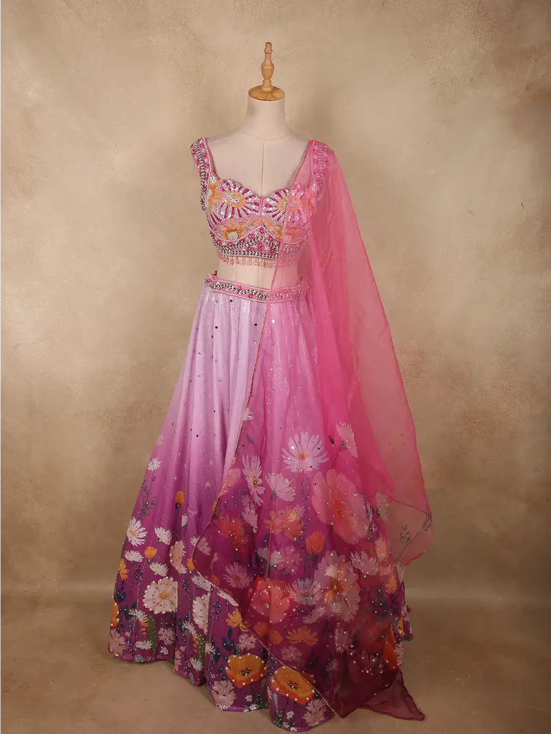 Vinbrant Rose Pink Floral Sequins And Beads Embroidered Design Sequins Bridesmaid Lehenga With Dupatta 1