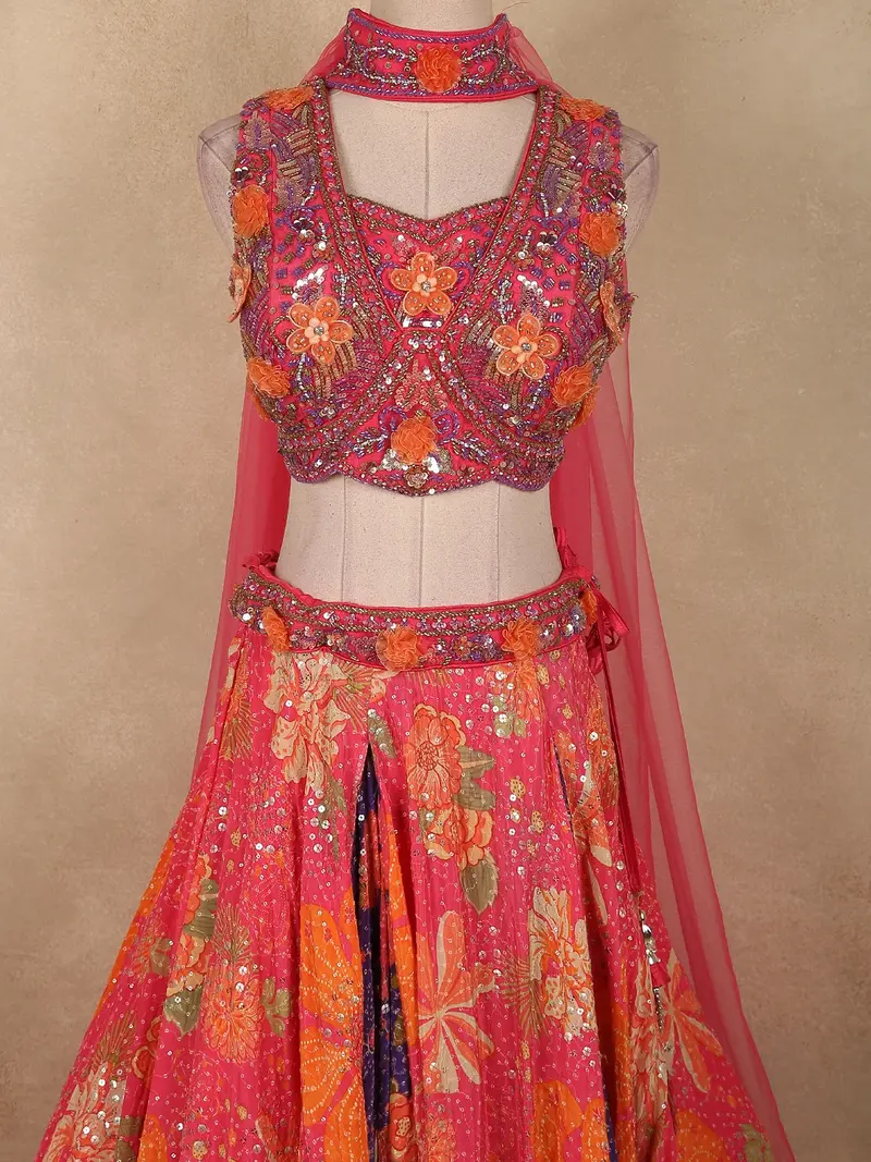 Vinbrant Rose Pink Floral Sequins And Beads Embroidered Design Sequins Bridesmaid Lehenga With Dupatta 2