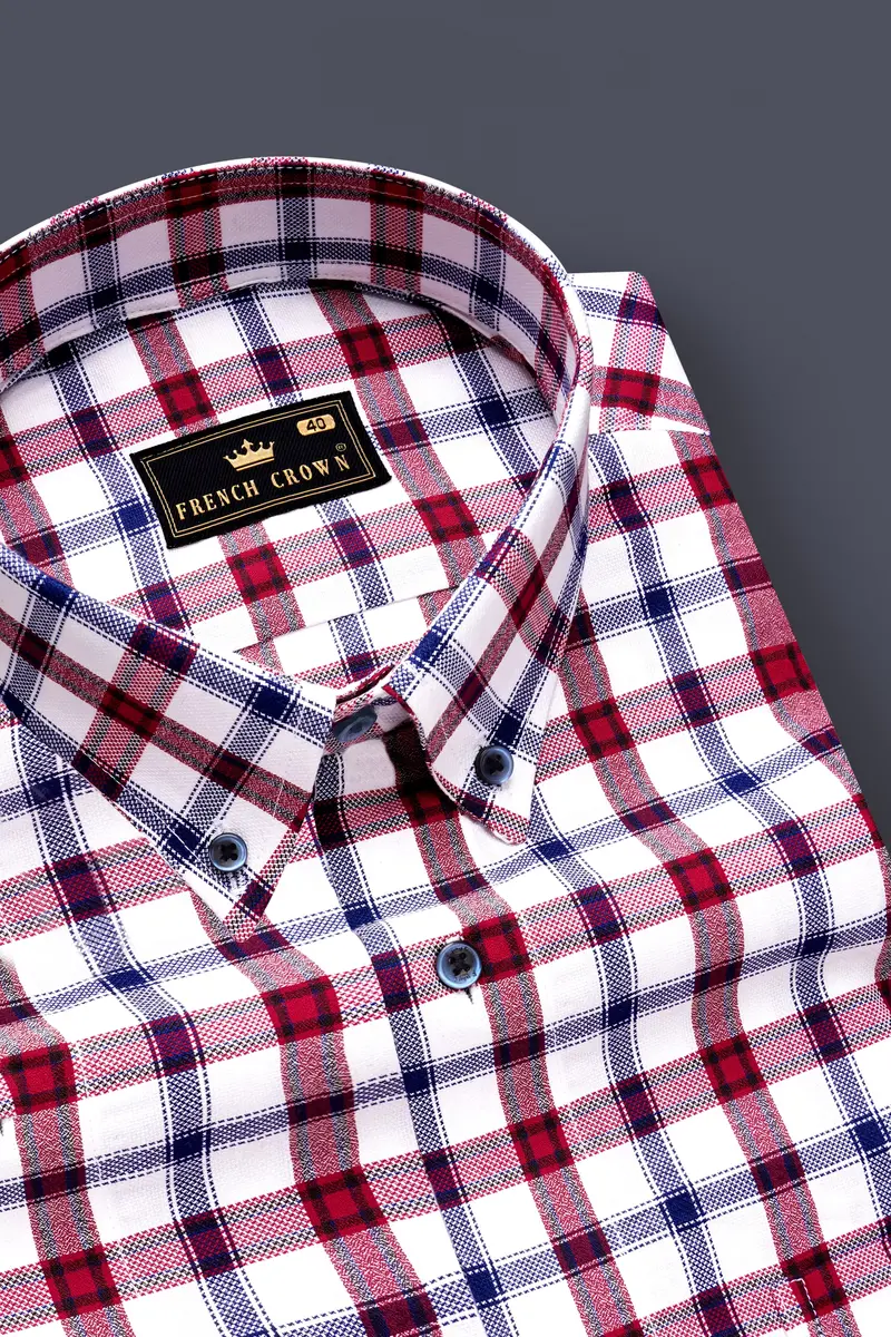 Vino-Wine Red And Bright White Plaid Dobby Textured Premium Giza Cotton Semi Formal Shirt 1