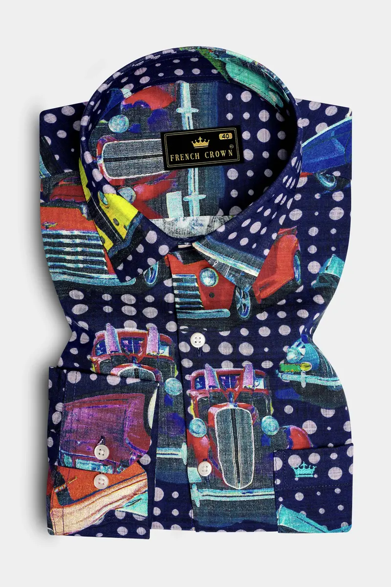 Vintage-Cinder Blue Vintage Car Printed Lightweight Premium Cotton Multicolor Casual Shirt 2