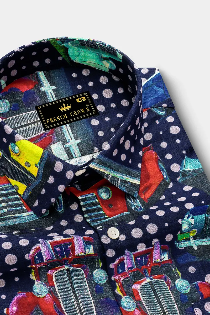 Vintage-Cinder Blue Vintage Car Printed Lightweight Premium Cotton Multicolor Casual Shirt 4