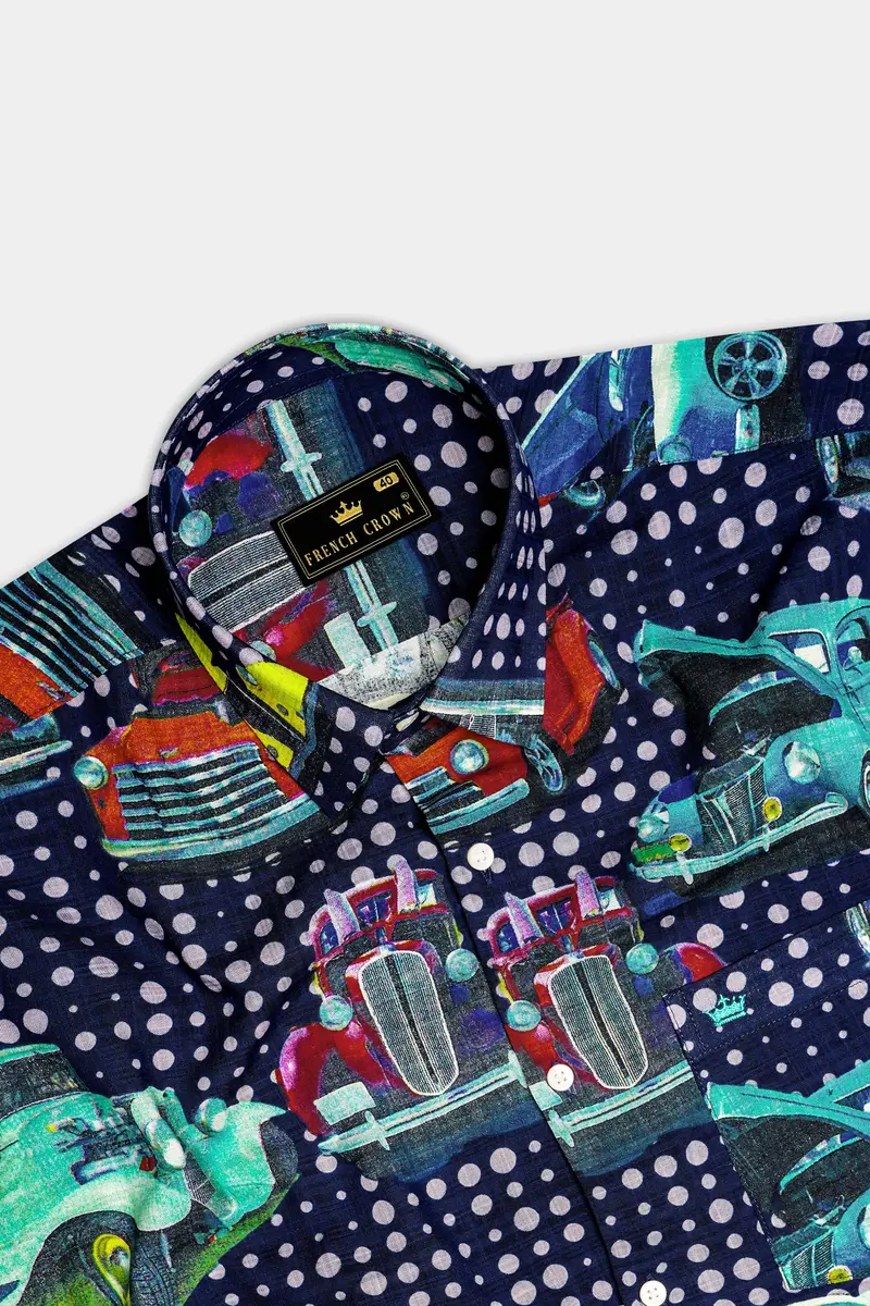 Vintage-Cinder Blue Vintage Car Printed Lightweight Premium Cotton Multicolor Casual Shirt 5