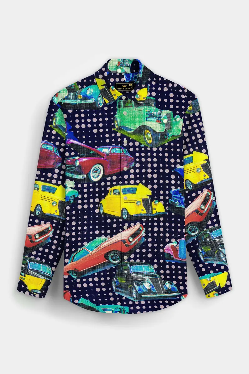 Vintage-Cinder Blue Vintage Car Printed Lightweight Premium Cotton Multicolor Casual Shirt 6