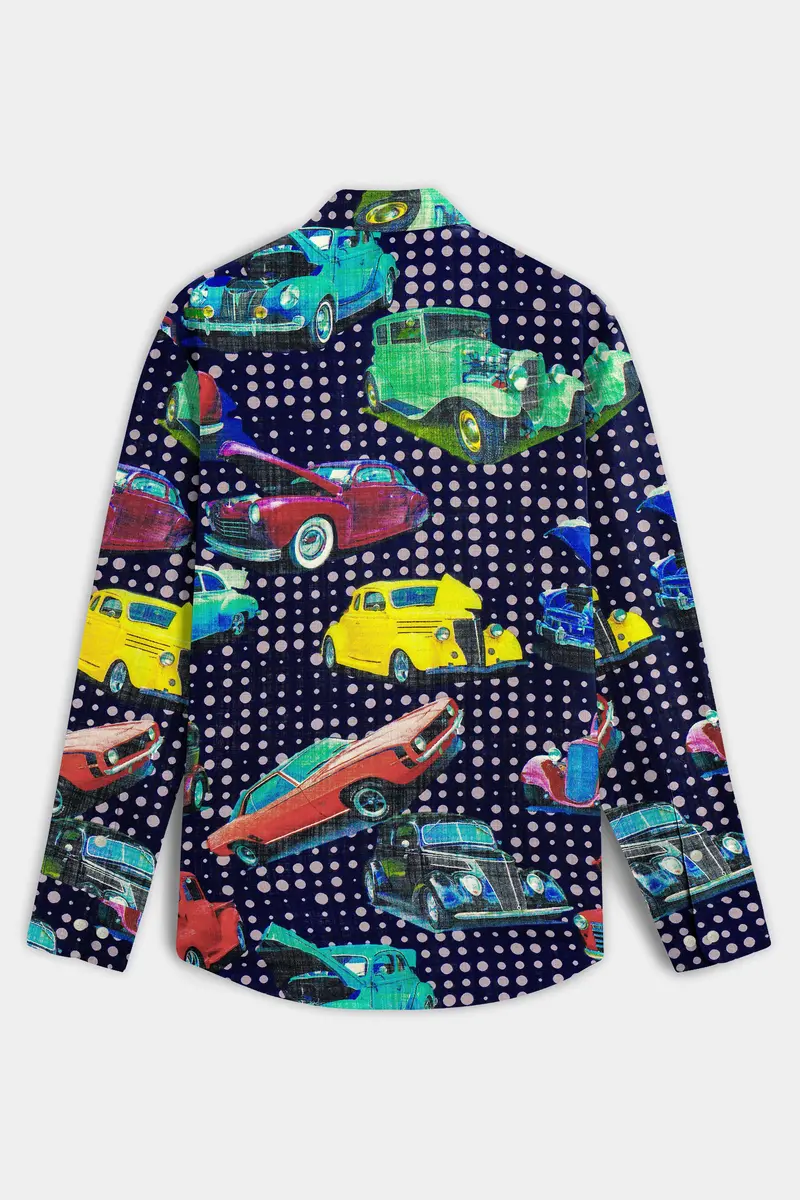 Vintage-Cinder Blue Vintage Car Printed Lightweight Premium Cotton Multicolor Casual Shirt 7