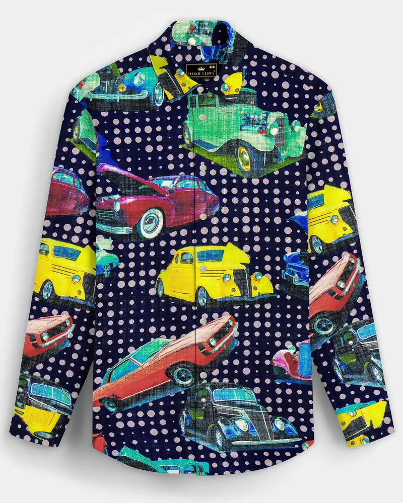 Vintage-Cinder Blue Vintage Car Printed Lightweight Premium Cotton Multicolor Casual Shirt 8
