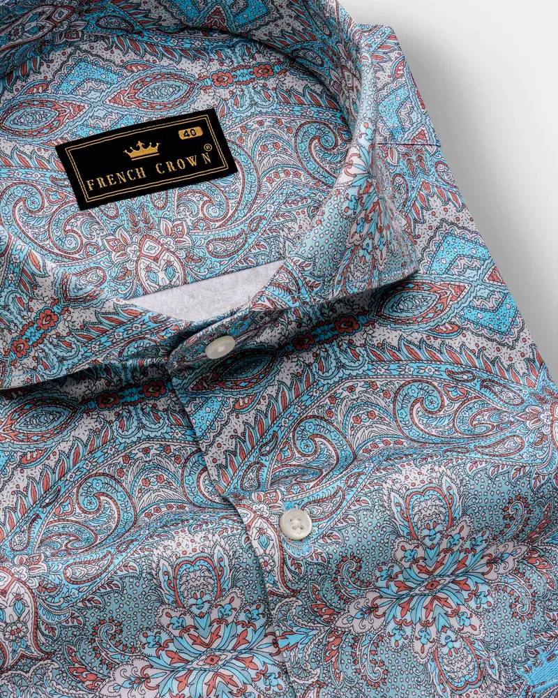 Vinterra-Fountain Blue And Bright White Vineyard Printed Twill Premium Cotton Casual Shirt 1