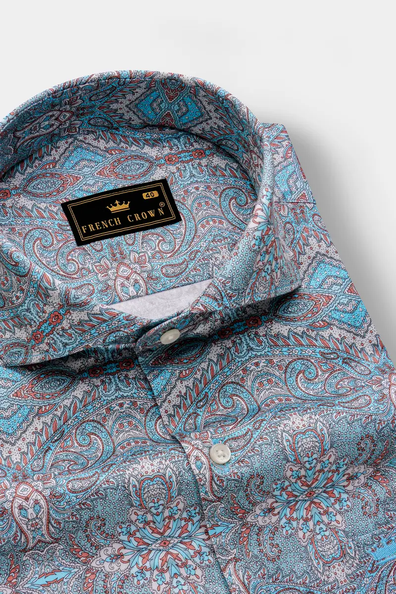 Vinterra-Fountain Blue And Bright White Vineyard Printed Twill Premium Cotton Casual Shirt 2