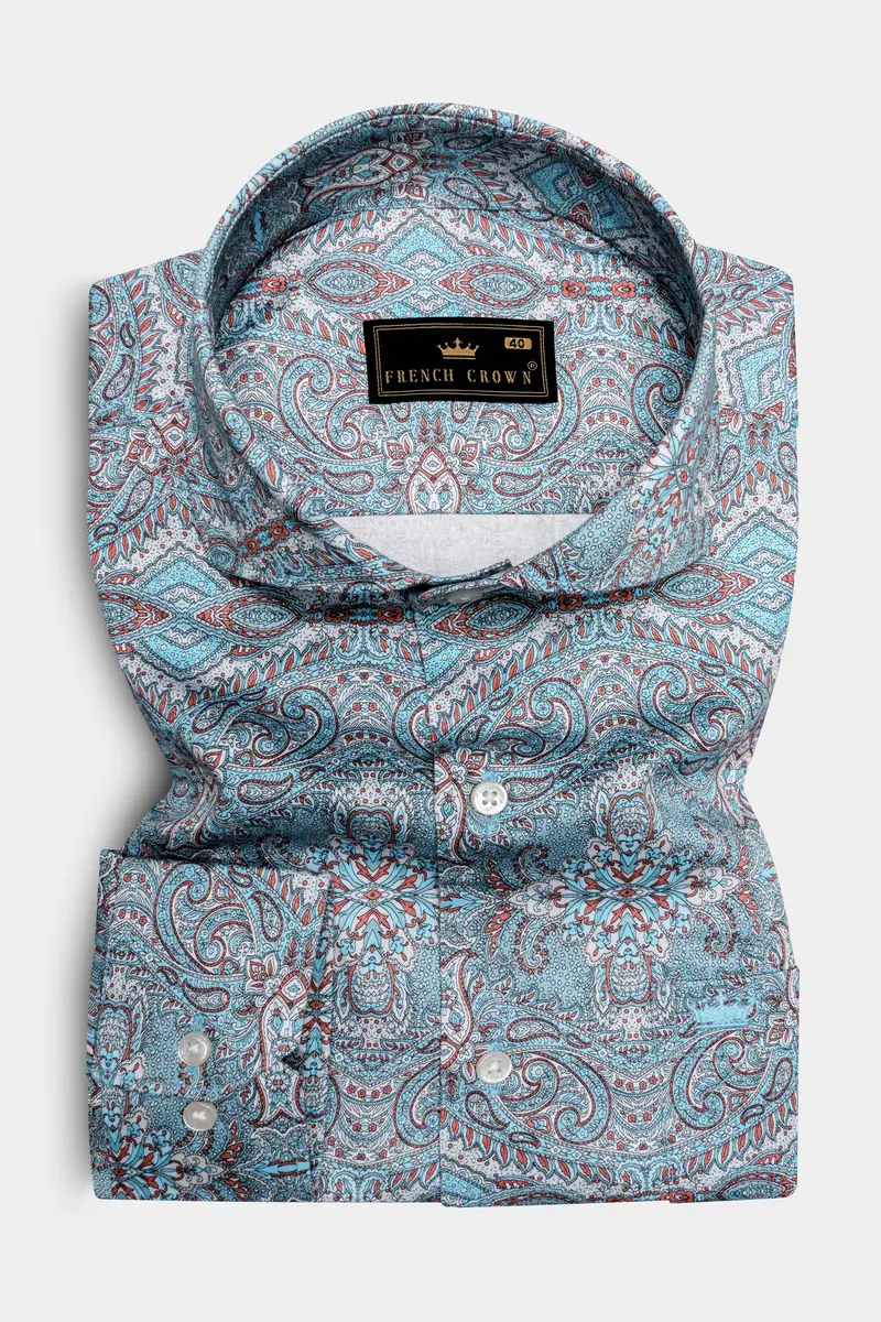Vinterra-Fountain Blue And Bright White Vineyard Printed Twill Premium Cotton Casual Shirt 4