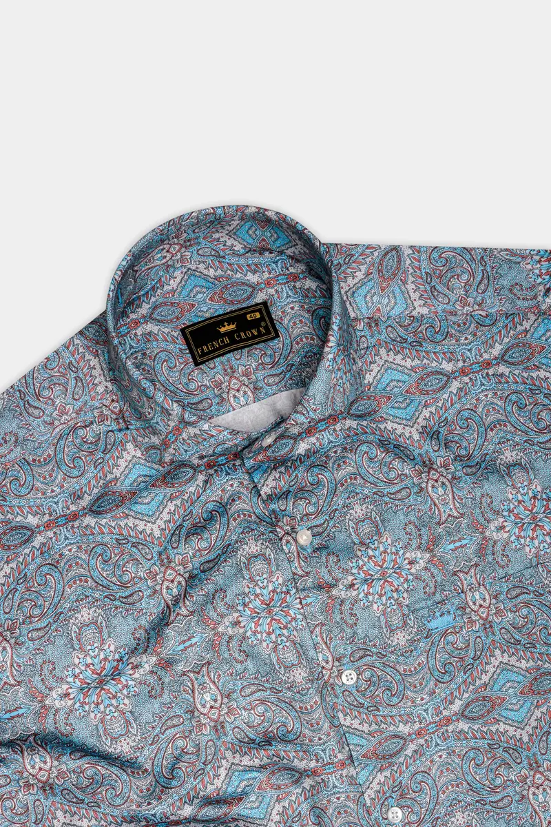 Vinterra-Fountain Blue And Bright White Vineyard Printed Twill Premium Cotton Casual Shirt 5