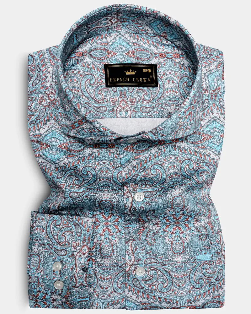 Vinterra-Fountain Blue And Bright White Vineyard Printed Twill Premium Cotton Casual Shirt 6